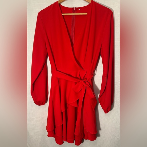 NEW Bonkwa Tiered Ruffle Hem Wrap V Neck Tie Waist Long Sleeve Red Dress Large - Picture 4 of 14